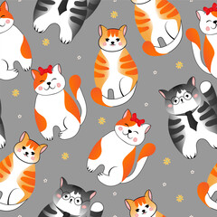 Seamless pattern with many different  red, grey cats on grey background. Vector illustration for children.