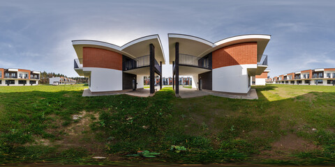 hdri 360 panorama in low-rise residential townhouse or public buildings complex with several multi-level apartments with isolated entrances in equirectangular spherical seamless projection