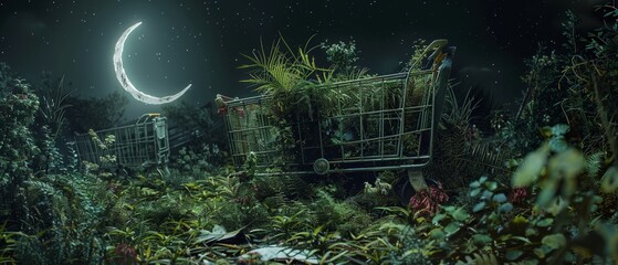 Lush vegetation encroaching upon a supermarket cart abandoned under a white crescent moon, evoking a postapocalyptic scene, 