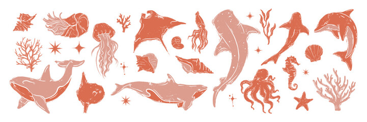 Ocean animal linocut set, vector whale grunge print, woodcut stamp, wild sea mammal silhouette. Summer marine retro collection, hand drawn underwater shark, coral, stingray. Ocean animal illustration - obrazy, fototapety, plakaty
