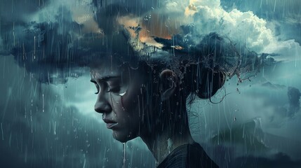 A woman with a rain cloud on her head