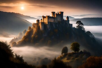 the mystique of an ethereal castle at dawn, shrouded in mist, perched on a hill overlooking a...