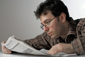 crisp close-up photograph capturing a man engrossed in reading a newspaper on a table, against a clean white background, portraying a moment of relaxation and contemplation.