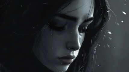 A woman with long dark hair and a sad expression. The image is in black and white. The woman's eyes are closed, and her mouth is open, as if she is crying - Powered by Adobe