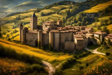 Evoke the charm of a medieval citadel in a sunlit valley, surrounded by blooming flowers, capturing...