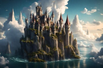 a fantasy castle on a floating island, with clouds swirling around its majestic spires.