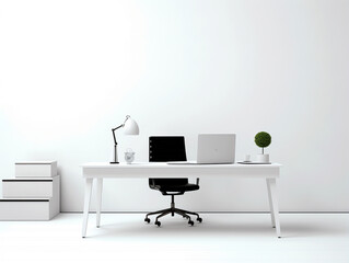 3d illustration of an office workstation complete with desk and chair and other facilities. Isolated on white background.