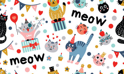 Cute cats. Funny animals.Vector seamless pattern. Can be used in textile industry, paper, background, scrapbooking.Vector. - 788533396
