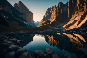 a celestial citadel mirrored in a crystal-clear lake, its grandeur reflected as the sun sets behind distant mountains.