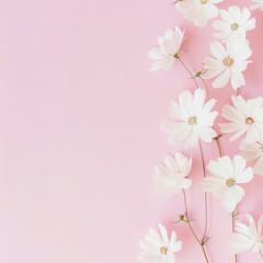 Frame of white flowers on a pink background
