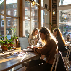 teenagers working on laptops in a sunny coffee shop