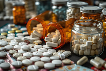 Table is cluttered with a variety of pills and bottles, showcasing the presence of drugs and medication. Image reflects a concerning social issue related to addiction and possible criminal activity