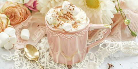 a pink marble mug with cream on top, sitting in front of flowers and surrounded by delicate lace tablecloths, filled to the brim with creamy hot chocolate or coffee, topped with fluffy marshmallows, b