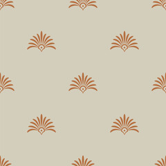 Seamless geometrical pattern with ethnic Ancient Greek palmette motifs. Orange brown floral silhouettes on white background.