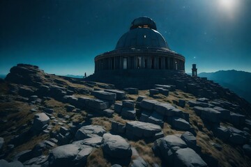 Obraz premium a celestial observatory castle atop a mountain, where each tower is a testament to the wonders of the cosmos.