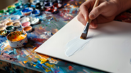 An artist's hand with a brush makes a stroke of oil paint on a blank sheet of paper