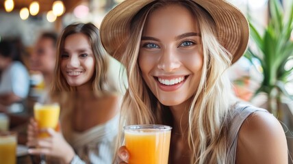 Happy friends having breakfast together at cafe bar - Group of young people drinking coffee and fresh juice sitting at brunch restaurant 
