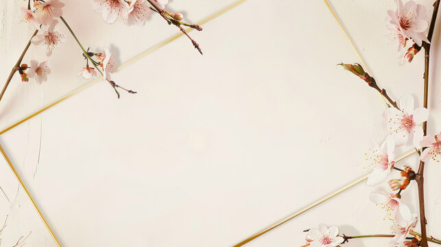 Gold frame on a pink background with sakura branches in the corners
