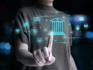 Virtual bank, digital banking, online payment, cyber security. Woman touching a virtual bank icon