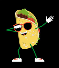 Cartoon Mexicanb taco in sunglasses making DAB move, dancing hip hop style. Vector illustration.