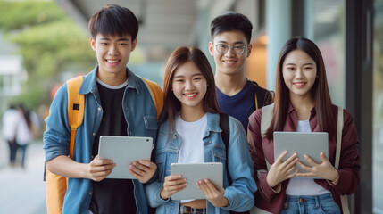 A group of students are holding tablets outdoors