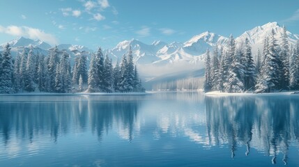 beautiful landscape of a lake with snow-covered mountains in winter with pine trees in high resolution and quality