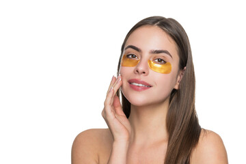 Woman applying eye patches. Spa care. Eye patch. Beauty woman face with under eye collagen pads. Woman has fresh healthy skin with collagen patches under eyes. Facial treatment. Reduce puffiness - 788536918