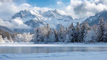 beautiful landscape of a lake with snow-covered mountains in winter with pine trees in high resolution and high quality