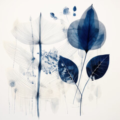 Blue Botanical Illustrations Collection, Unique Leaves and Flowers in Watercolour Ink, Whimsical Artwork, Serene and Elegant Blue Foliage, Nature-Inspired Prints and Wall Art