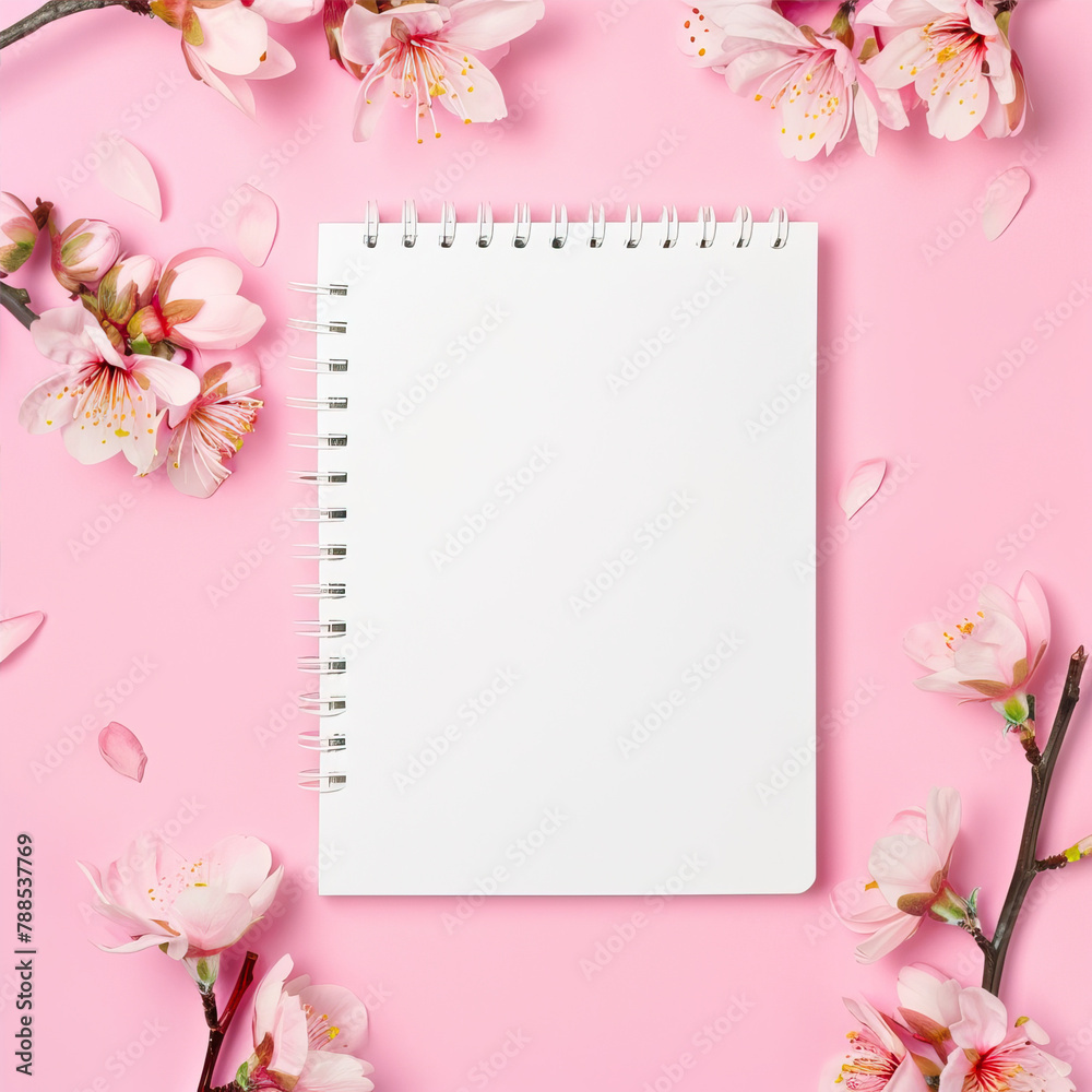 Sticker blank notepad on pink surface with sakura branches