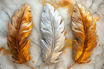 three panel wall art, marble background with golden and silver feather designs, 3D vector illustration