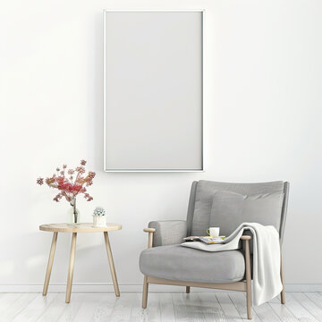 Empty, white frame on a white wall in a room with a gray kremlin and a small table
