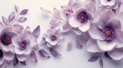 3d wallpaper with elegant blue flowers, magnolia and leaves, vector illustration design with white background