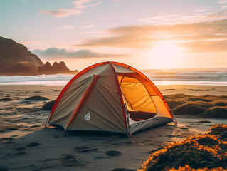 A tent pitched on a remote beach with waves crashing in the background. 