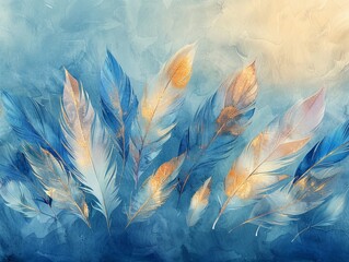 A oil watercolor illustration of elegant feathers in shades of blue and gold, with a dreamy atmosphere and soft lighting, wall decoration