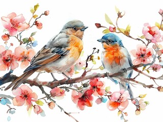 a painting with birds on a tree with flowers in watercolor design artistic Concept of painting technique isolated on white background in canvas Glorious