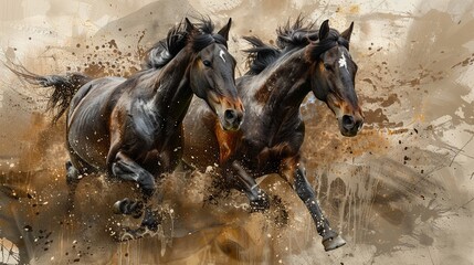 A pair of horses running side by side, their fur ruffled by the wind, with a background that is abstract and textured, creating an oil painting effect - obrazy, fototapety, plakaty