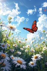 Beautiful spring landscape with daisies and a butterfly flying in the blue sky A beautiful summer background
