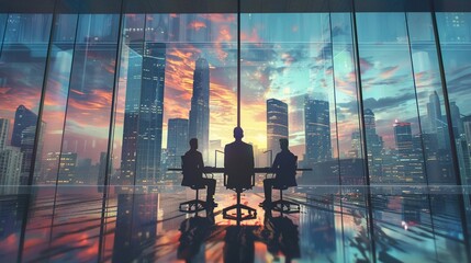 A businessman leading a strategic planning session with his team, analyzing market trends and discussing business strategies in a modern boardroom with panoramic city views.