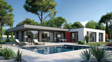 A modern house with a pool and garden, large windows, gray walls, white roof, red details, modern architecture, daylight, blue sky, white sand in the yard, sunbeds near the swimming pool - obrazy, fototapety, plakaty