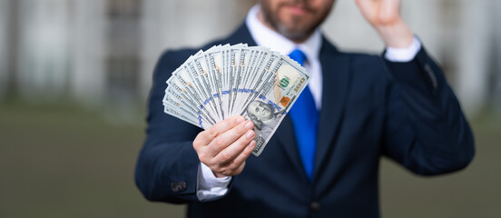 Man offer good deal of success. Money success. Property and real estate. Investor buy property. Property investment money and mortgage. Successful businessman with money. Selective focus