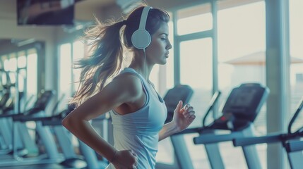 Beautiful girl in headphones running in gym. Woman in fitness. Female Workout concept