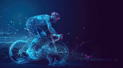 Abstract wire frame silhouette of a road bike racer from triangles and particles on blue background. Man is riding on sport bicycle isolated. AI generated - obrazy, fototapety, plakaty