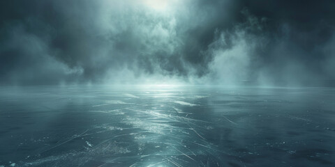 ice rink with fog, smoke and a dark sky background, empty stadium Hockey ice rink sport arena