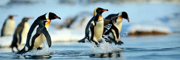 a penguin jumps out of the water after a fish  - obrazy, fototapety, plakaty