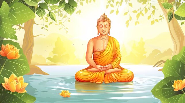 Buddha statue with lotus flower in pond. Vector illustration