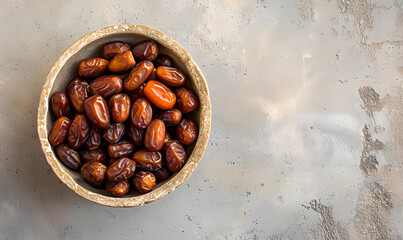 Top view of Dried date fruit in bowl on the old wooden table