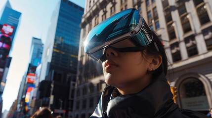 Woman using VR googles headset looking the streets metaverse virtual reality - obrazy, fototapety, plakaty