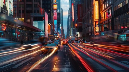 A bustling city street captured during rush hour, with blurred lights from passing cars creating streaks of color against a backdrop of towering skyscrapers.