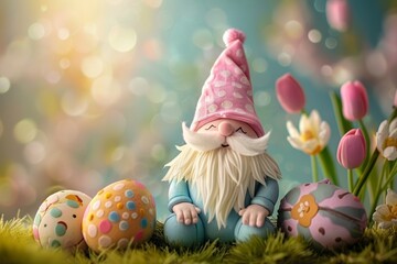 Happy easter card. Gnomes with easter eggs. cute 3d Easter gnome